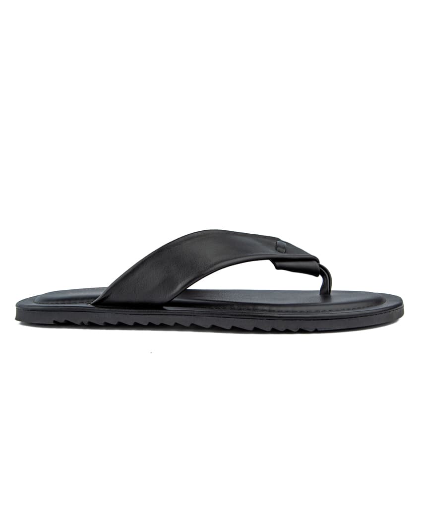 Classic black leather flip-flop sandals with a cushioned wide strap, durable sole, and comfortable fit, perfect for casual and everyday wear.