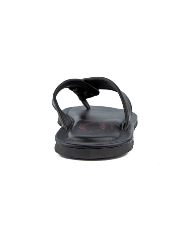 Classic black leather flip-flop sandals with a cushioned wide strap, durable sole, and comfortable fit, perfect for casual and everyday wear.