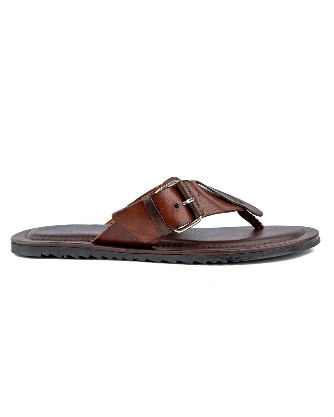 Premium brown leather flip-flop sandals with adjustable buckle straps, cushioned sole, and durable design for comfort and style.