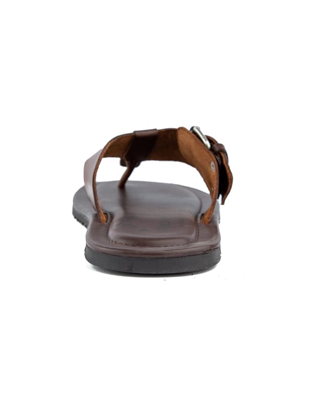 Premium brown leather flip-flop sandals with adjustable buckle straps, cushioned sole, and durable design for comfort and style.