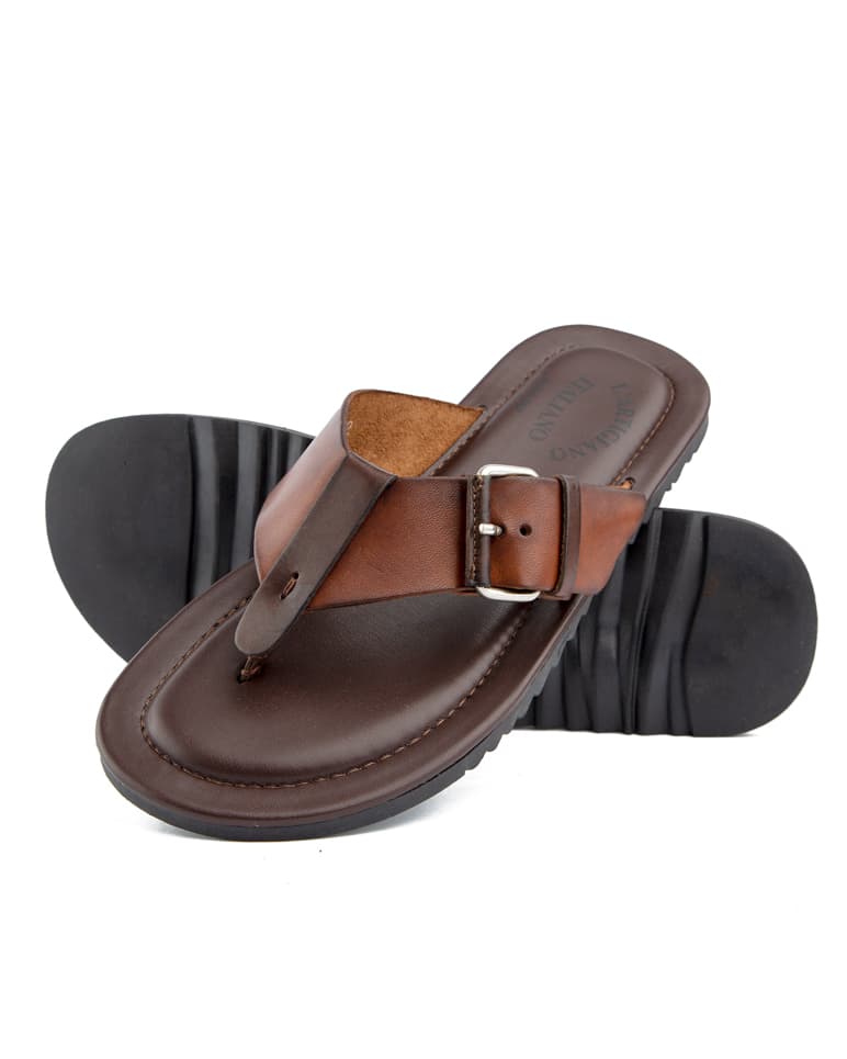 Premium brown leather flip-flop sandals with adjustable buckle straps, cushioned sole, and durable design for comfort and style