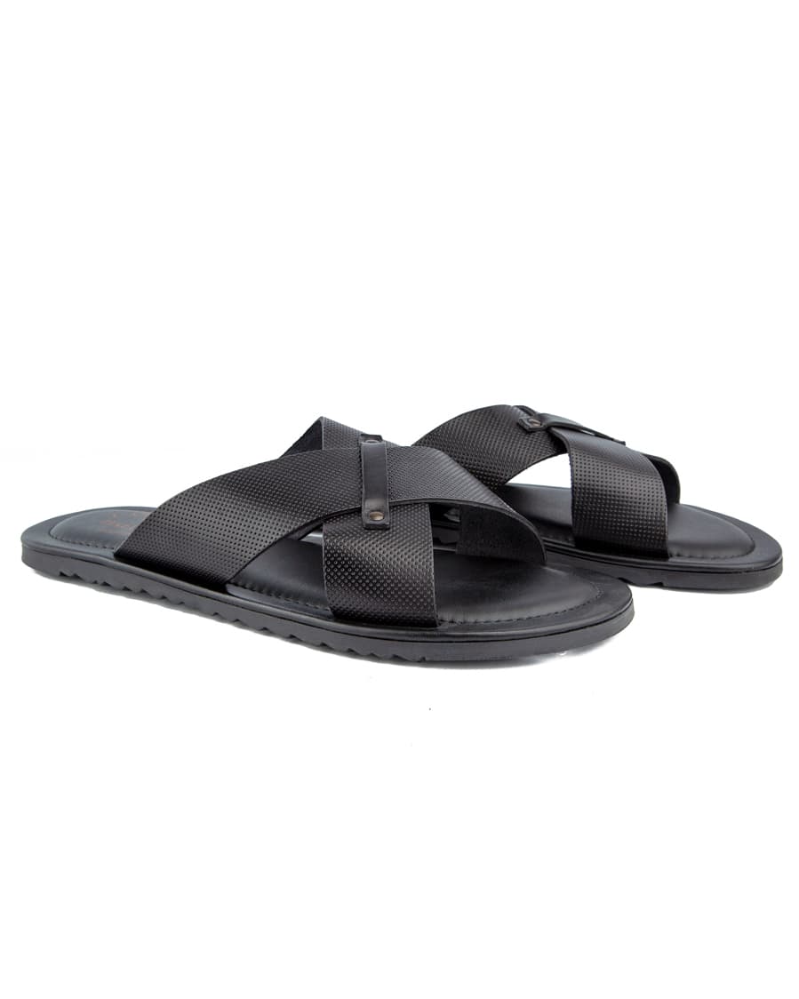 Classic black cross-strap leather sandals with cushioned footbed and durable rubber sole, perfect for casual and formal occasions.