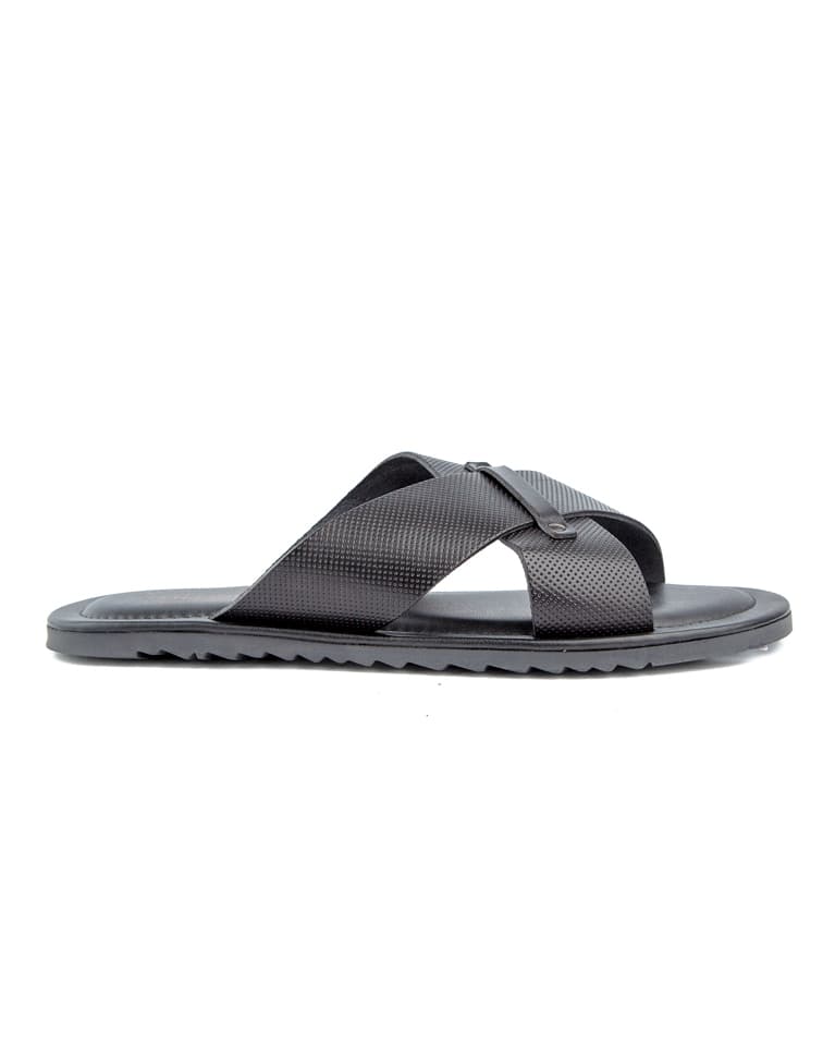 Classic black cross-strap leather sandals with cushioned footbed and durable rubber sole, perfect for casual and formal occasions.