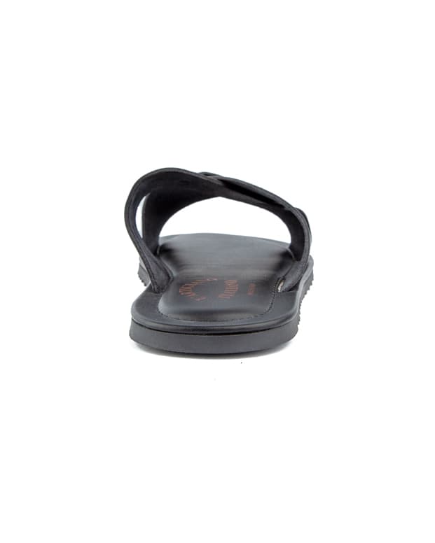 Classic black cross-strap leather sandals with cushioned footbed and durable rubber sole, perfect for casual and formal occasions.