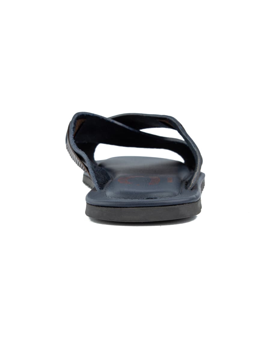 Men's navy blue leather cross strap sandals with dark brown accents.