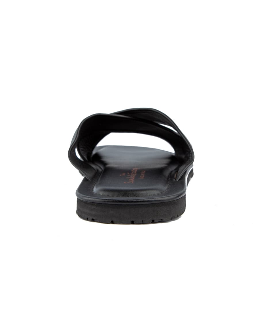 Men's black leather cross strap sandals.