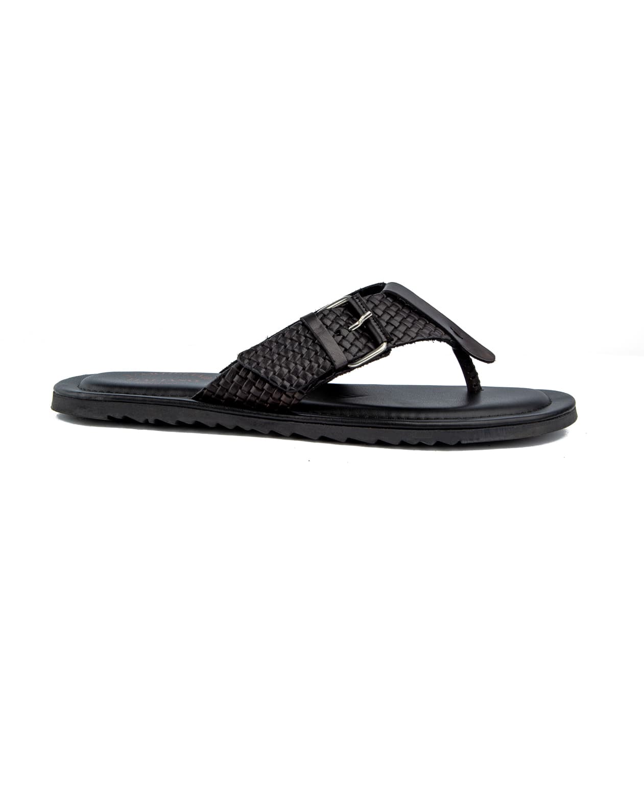 Men's Artigiano Italian black leather thong sandals with buckle detail.
