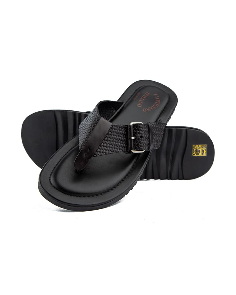 Artigiano Italian black leather thong sandals with buckle detail.