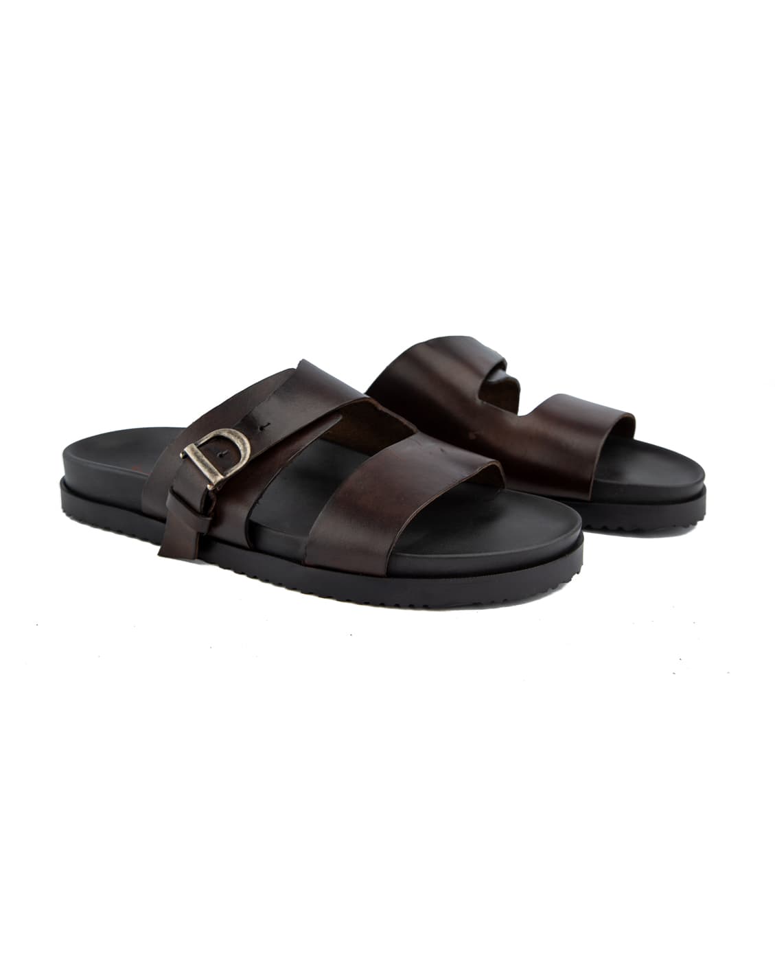 Men's dark brown leather double strap slide sandals with buckle.