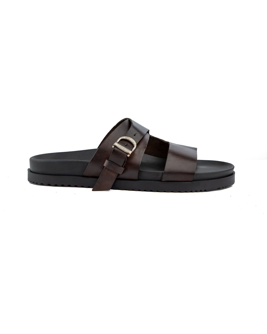 Men's dark brown leather double strap slide sandals with buckle.