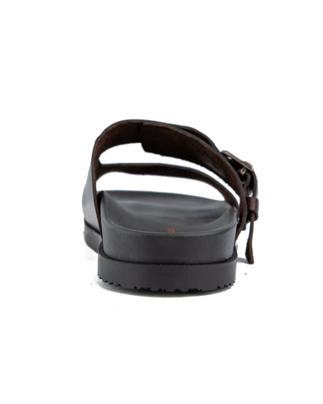 Men's dark brown leather double strap slide sandals with buckle.