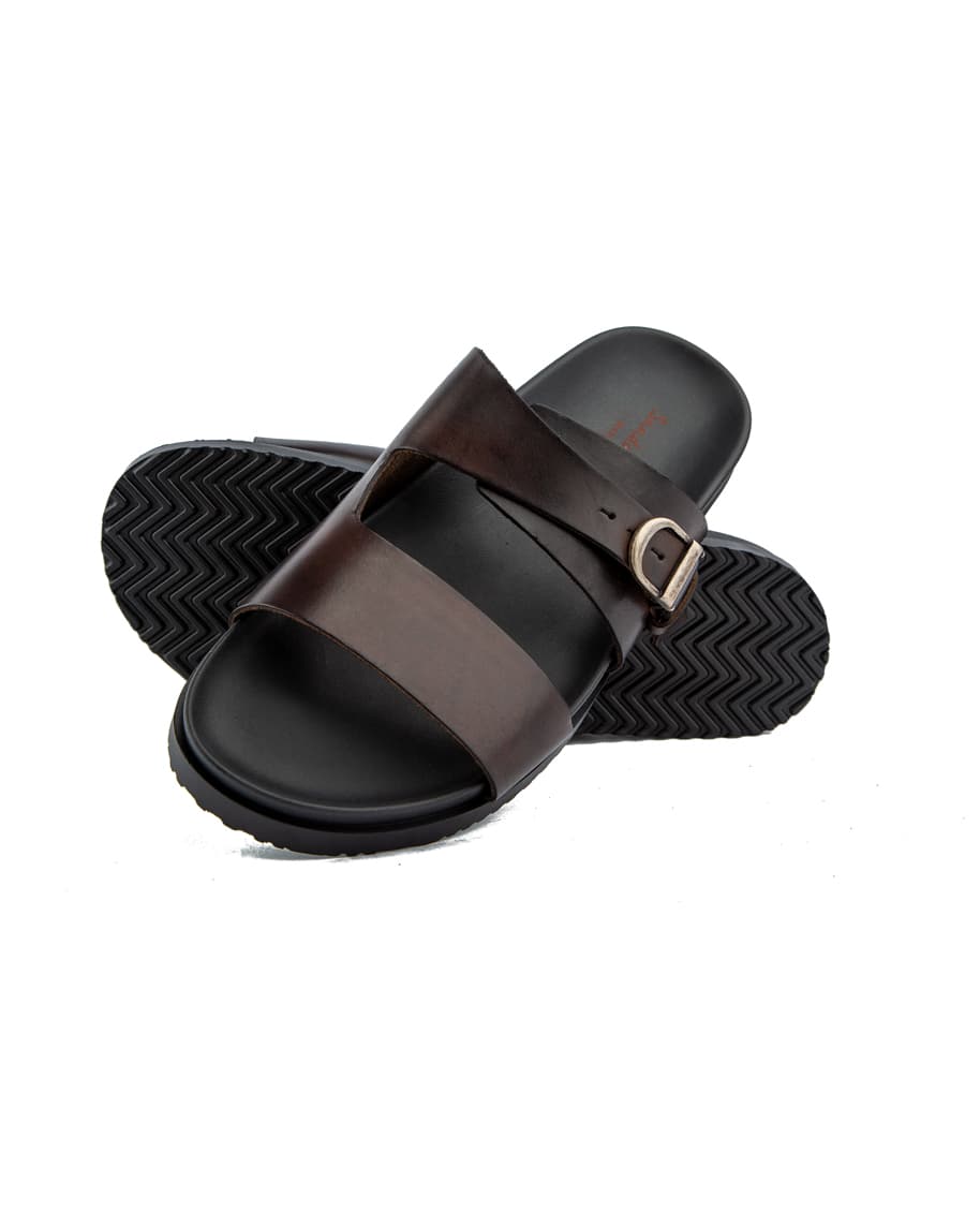 Men's dark brown leather double strap slide sandals with buckle.