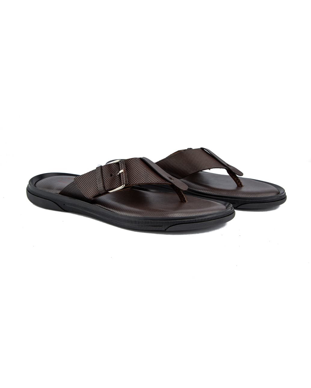 Men's brown leather thong sandals with adjustable buckle strap.