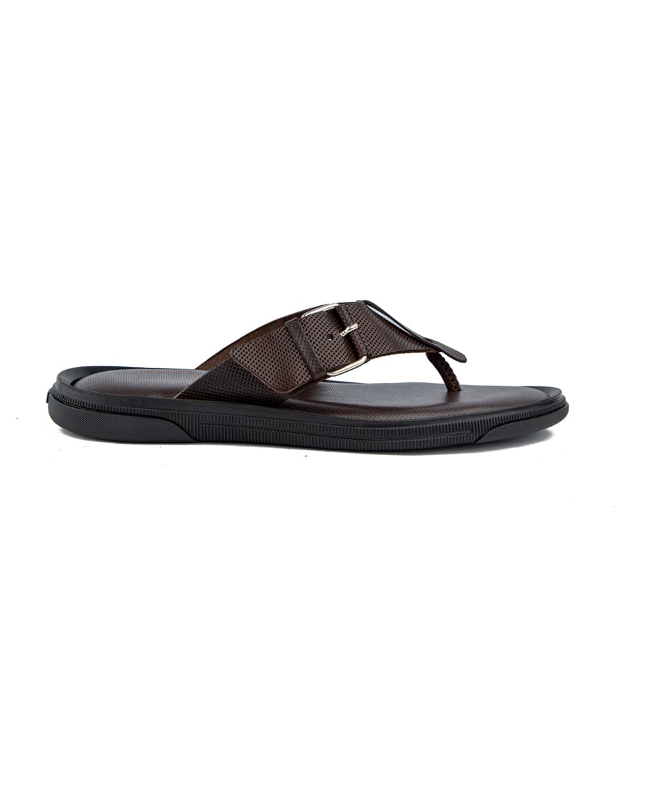 Men's brown leather thong sandals with adjustable buckle strap.