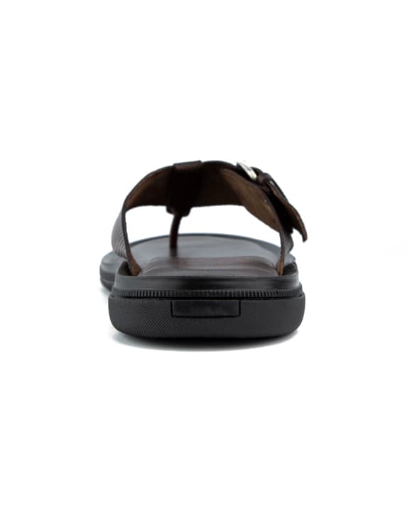 Men's brown leather thong sandals with adjustable buckle strap.