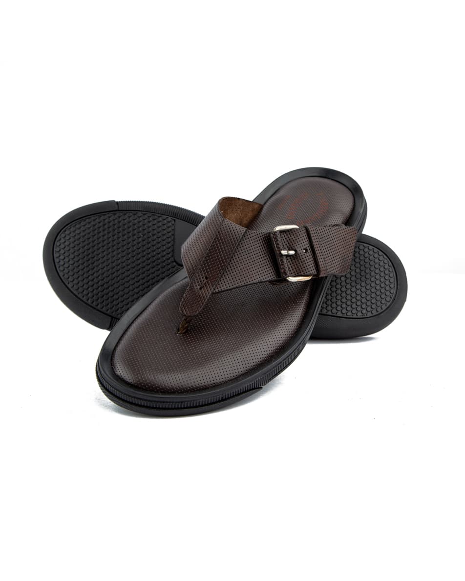 Men's brown leather thong sandals with adjustable buckle strap.