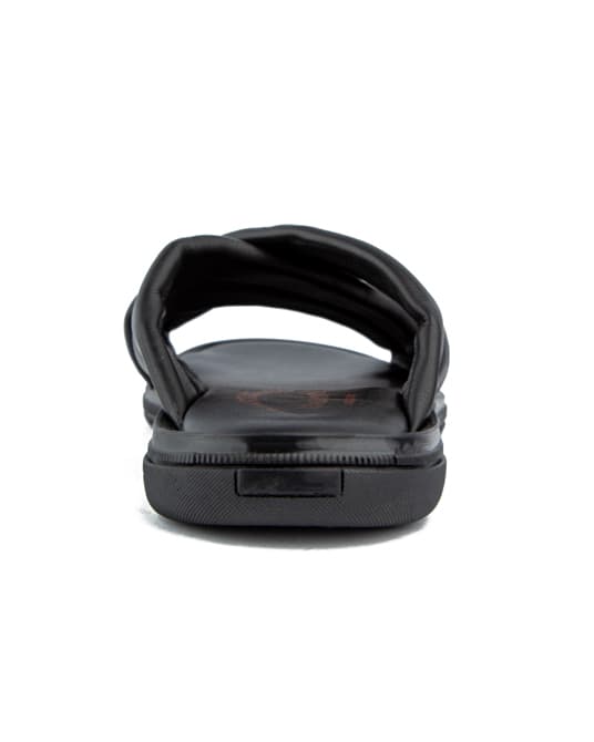 Men's black padded leather cross strap slide sandals.