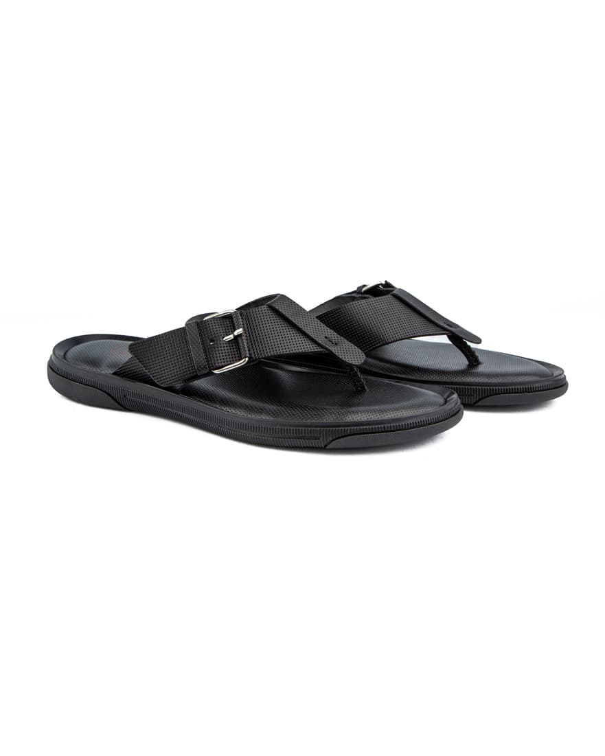 Men's black leather thong sandals with adjustable buckle strap.