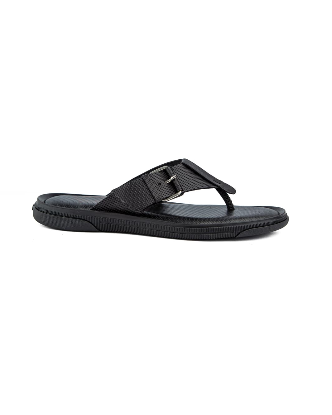 Men's black leather thong sandals with adjustable buckle strap.