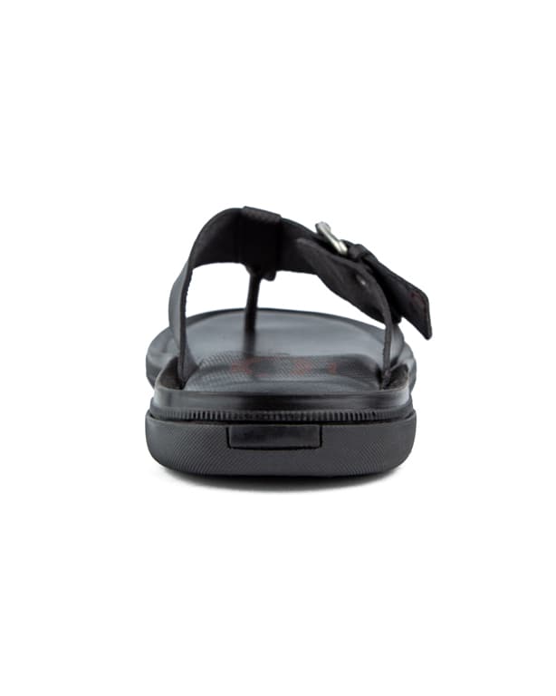 Men's black leather thong sandals with adjustable buckle strap.