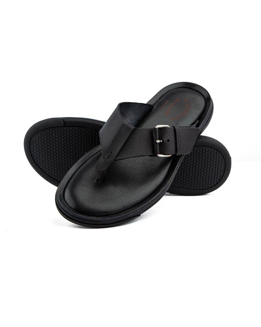 Men's black leather thong sandals with adjustable buckle strap.