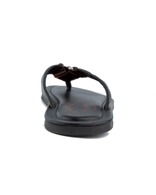 Artigiano Italian black leather thong sandals with brown contrast.