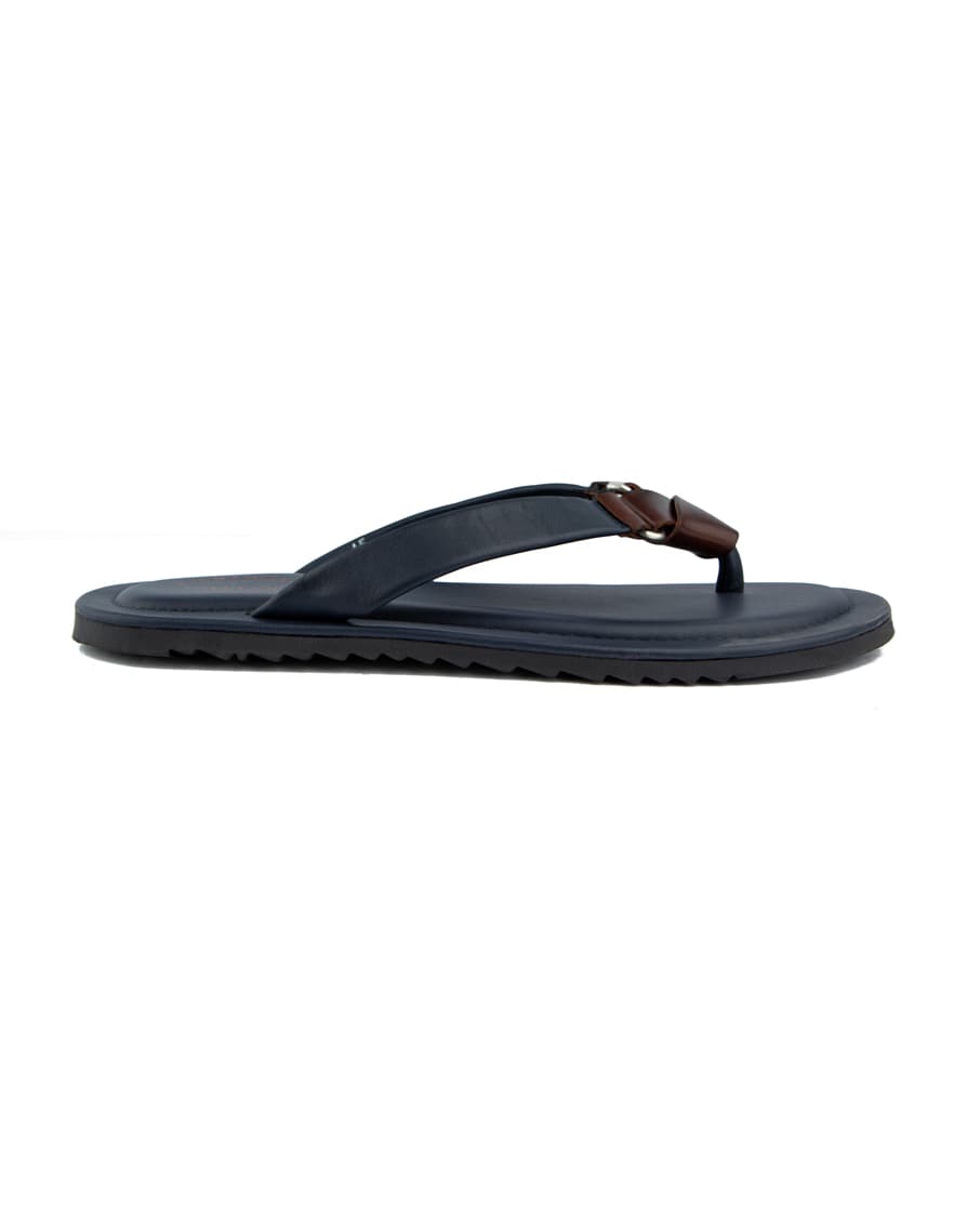 Men's navy blue thong sandals with brown contrast detail.