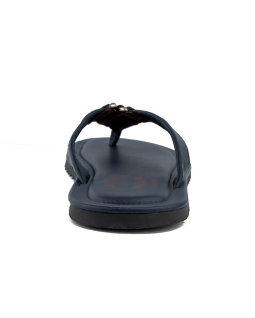  Men's navy blue thong sandals with brown contrast detail.