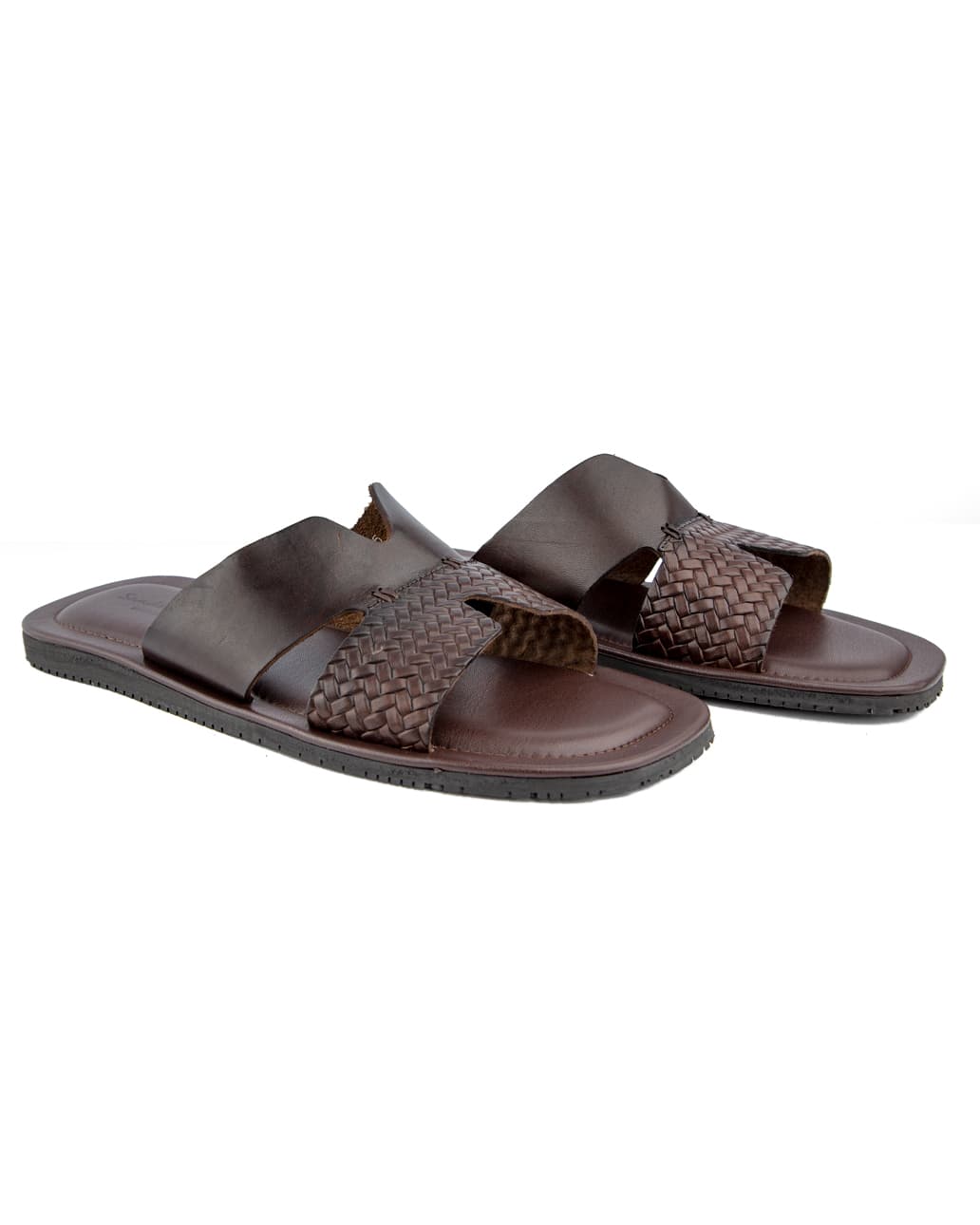 Stylish brown woven cross-strap leather sandals with cushioned footbed and anti-slip rubber sole, perfect for casual and semi-formal wear.