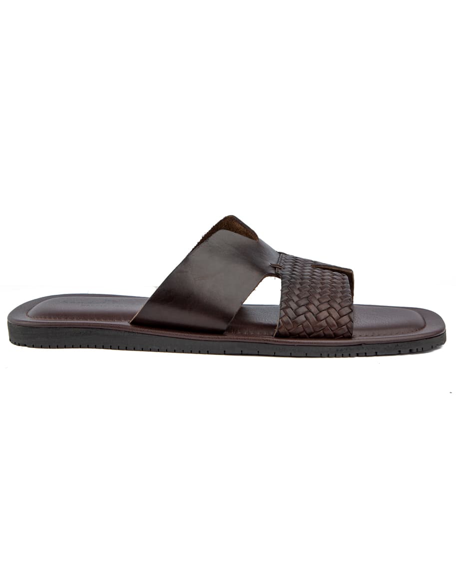Stylish brown woven cross-strap leather sandals with cushioned footbed and anti-slip rubber sole, perfect for casual and semi-formal wear.