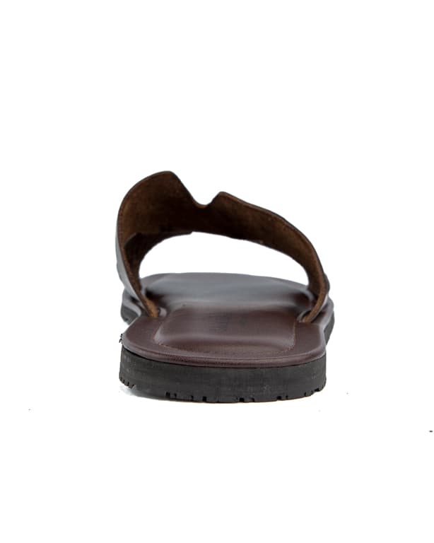 Stylish brown woven cross-strap leather sandals with cushioned footbed and anti-slip rubber sole, perfect for casual and semi-formal wear.