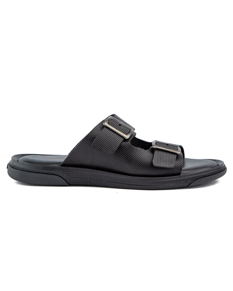 Men’s black slide sandals with double buckle design, cushioned sole, and anti-slip rubber outsole—ideal for comfort, durability, and everyday wear.