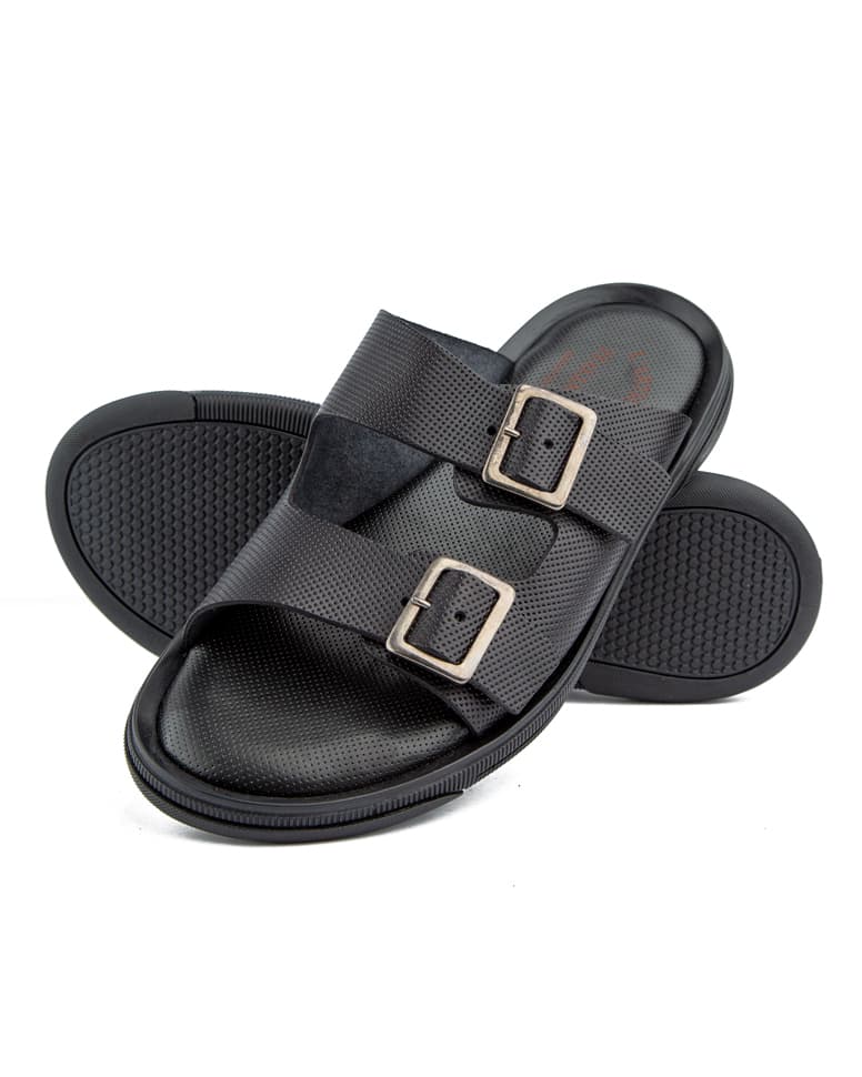 Men’s black slide sandals with double buckle design, cushioned sole, and anti-slip rubber outsole—ideal for comfort, durability, and everyday wear.