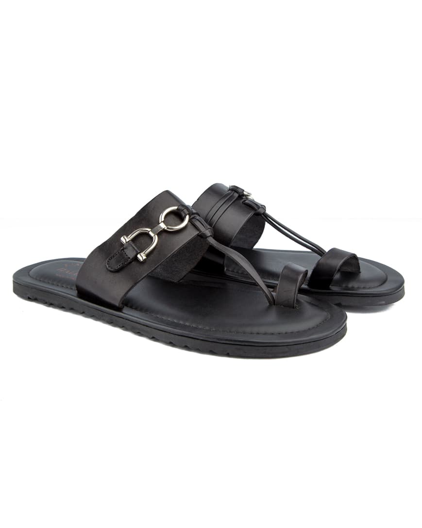 Premium black leather sandals for men with metal buckle detail, cushioned sole, and durable rubber outsole—ideal for casual and semi-formal wear.