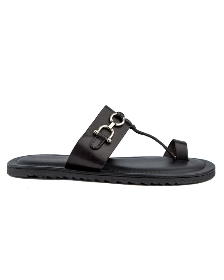 Premium black leather sandals for men with metal buckle detail, cushioned sole, and durable rubber outsole—ideal for casual and semi-formal wear.
