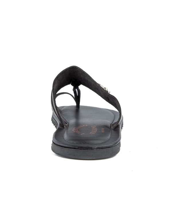 Premium black leather sandals for men with metal buckle detail, cushioned sole, and durable rubber outsole—ideal for casual and semi-formal wear.