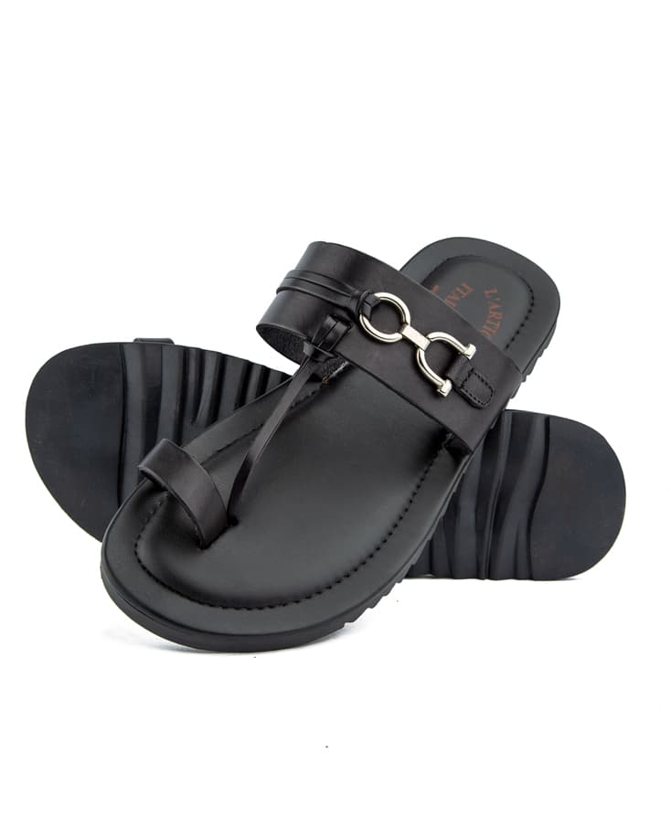 Premium black leather sandals for men with metal buckle detail, cushioned sole, and durable rubber outsole—ideal for casual and semi-formal wear.