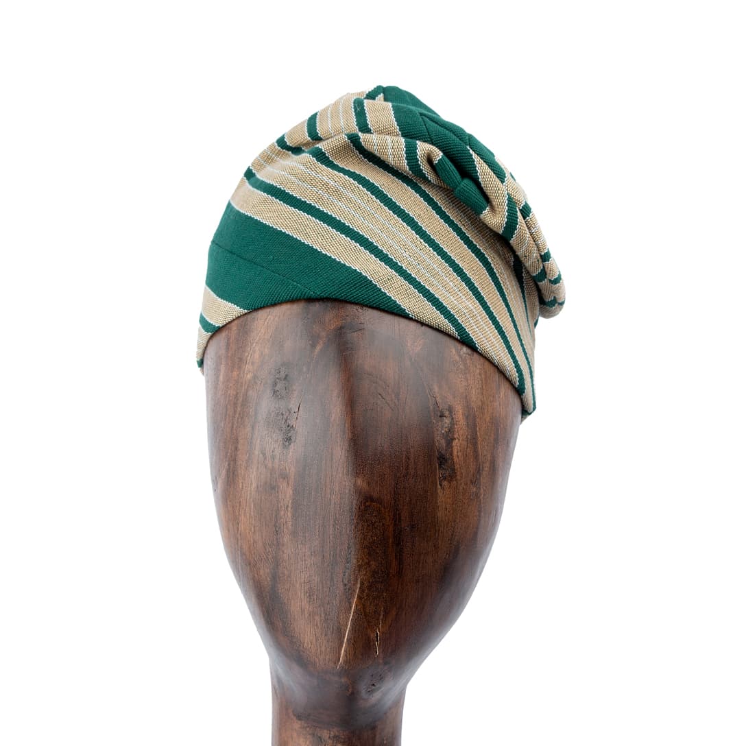 Handwoven Aso-Oke Cap | Fila - Deep Green & Beige Striped Unisex Traditional Hat