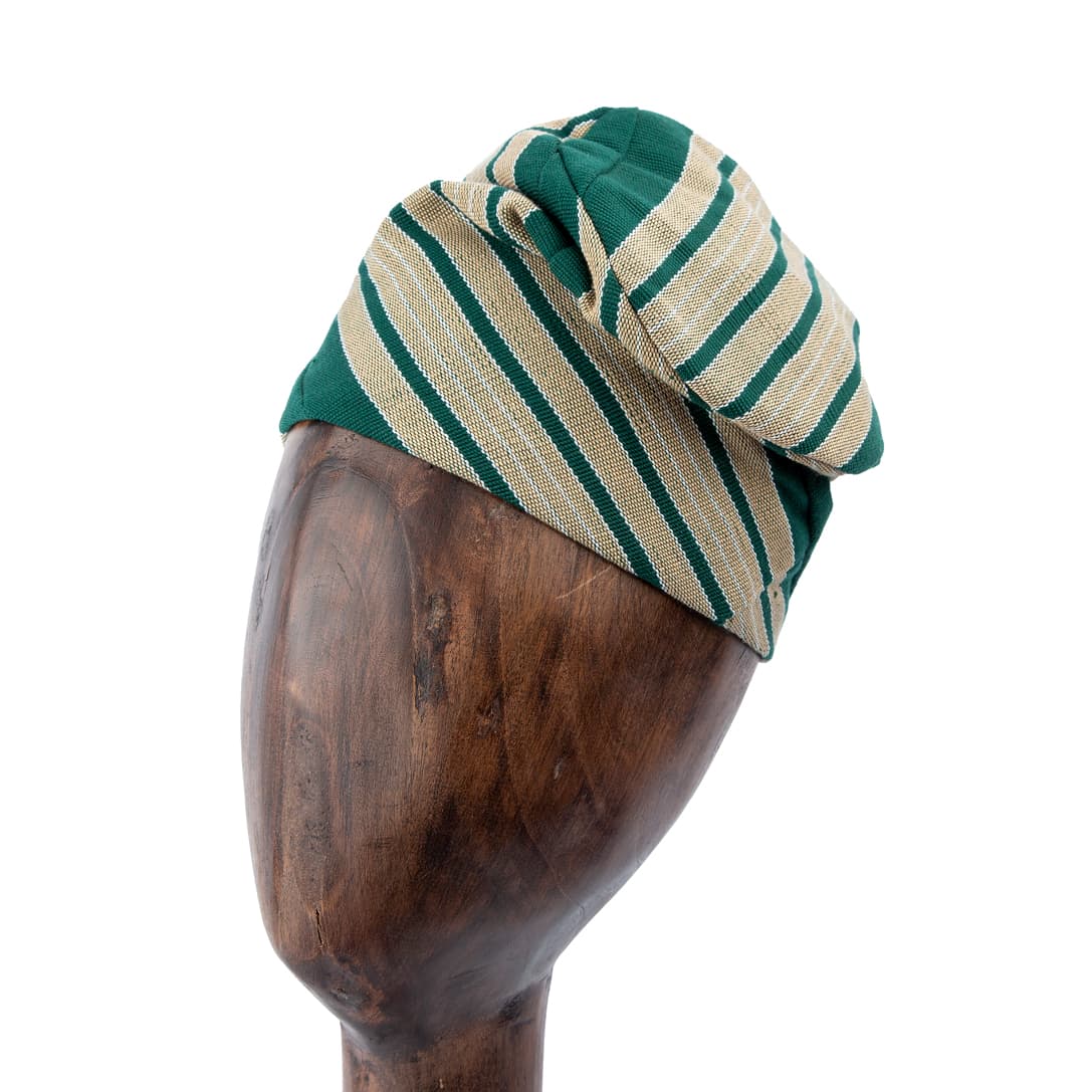 Handwoven Aso-Oke Cap | Hat | Fila - Deep Green & Beige Striped Unisex Traditional Hat