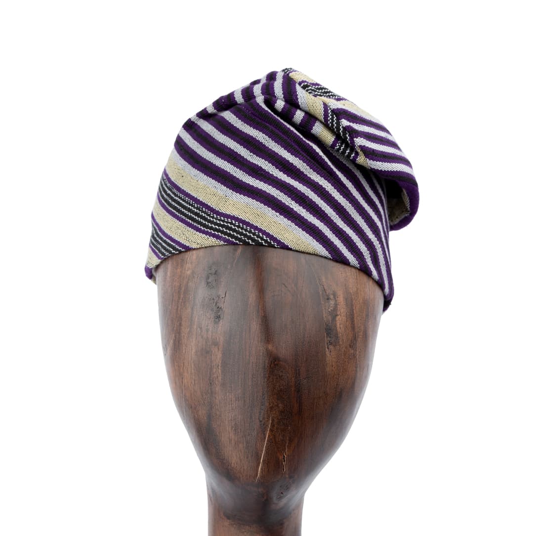 Handwoven Aso-Oke Cap | Hat | Fila - Purple & Beige Striped Unisex Yoruba Hat