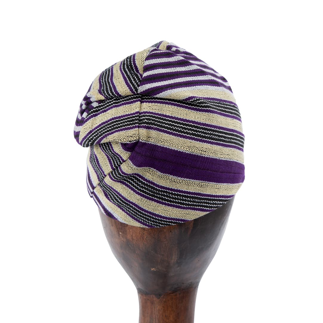 Handwoven Aso-Oke Cap | Hat | Fila - Purple & Beige Striped Unisex Yoruba Hat