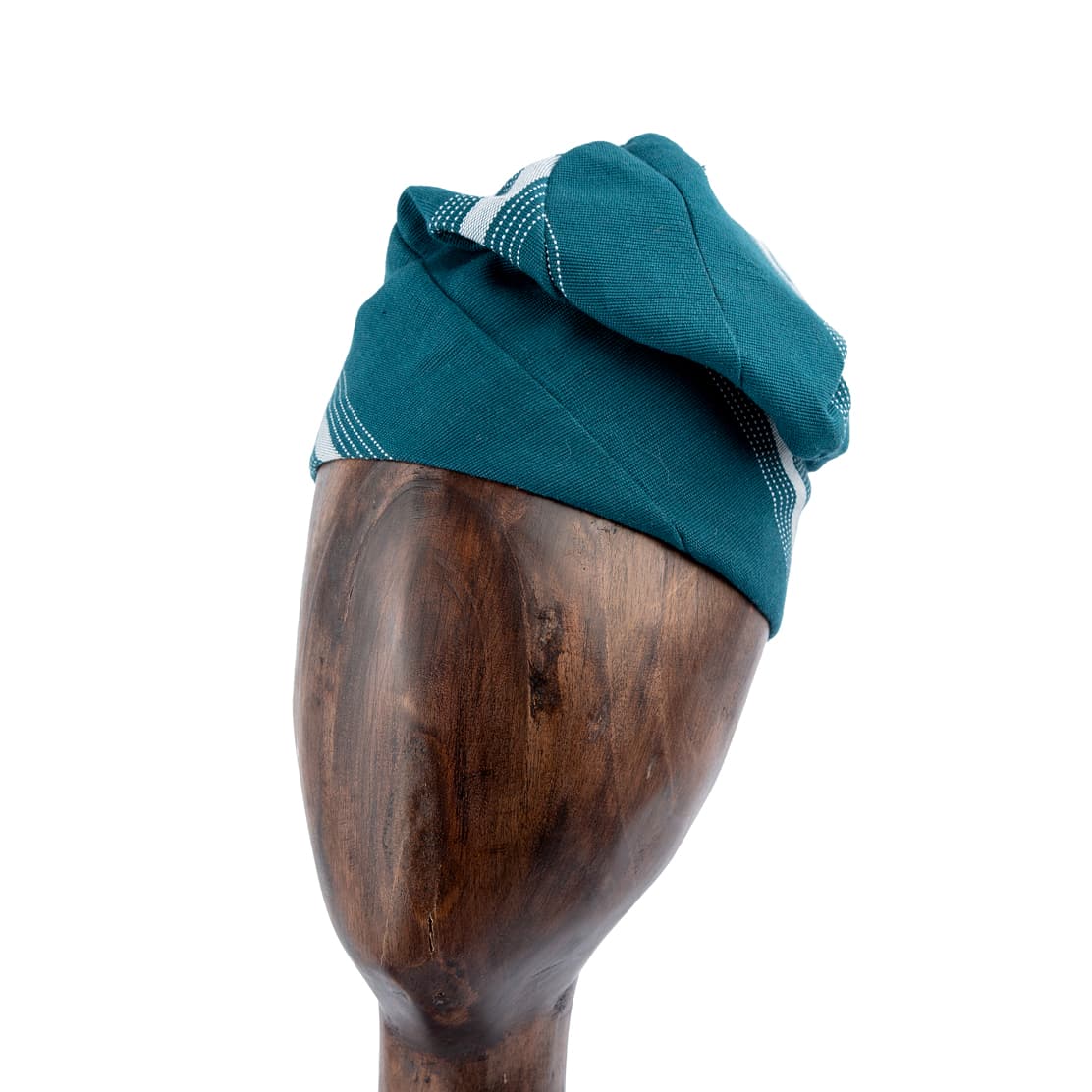 Traditional Yoruba Aso-Oke Cap Hat or Fila  in teal green with white stripes, handwoven for men and women. Perfect for cultural events and ceremonies.