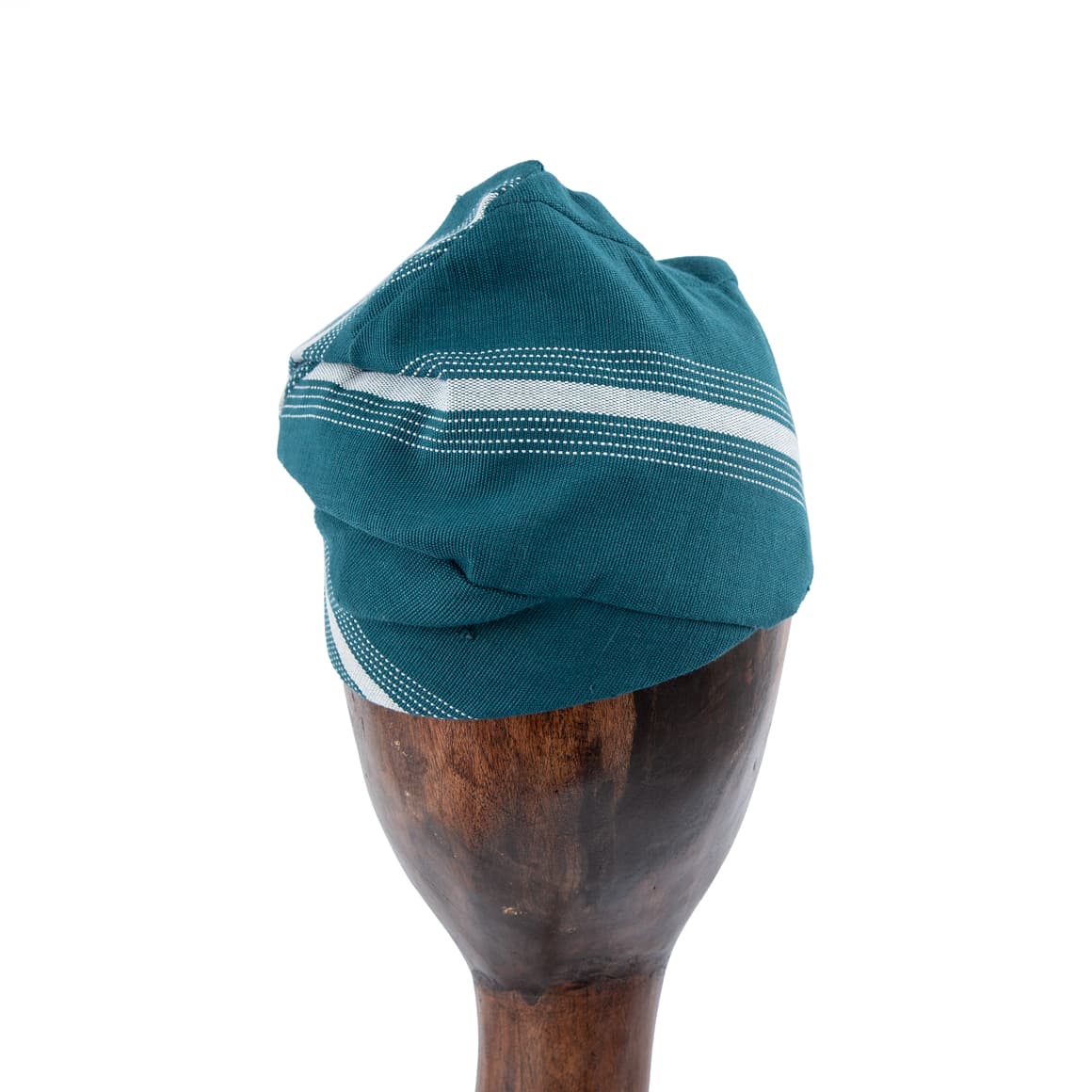 Traditional Yoruba Aso-Oke Cap Hat or Fila  in teal green with white stripes, handwoven for men and women. Perfect for cultural events and ceremonies.