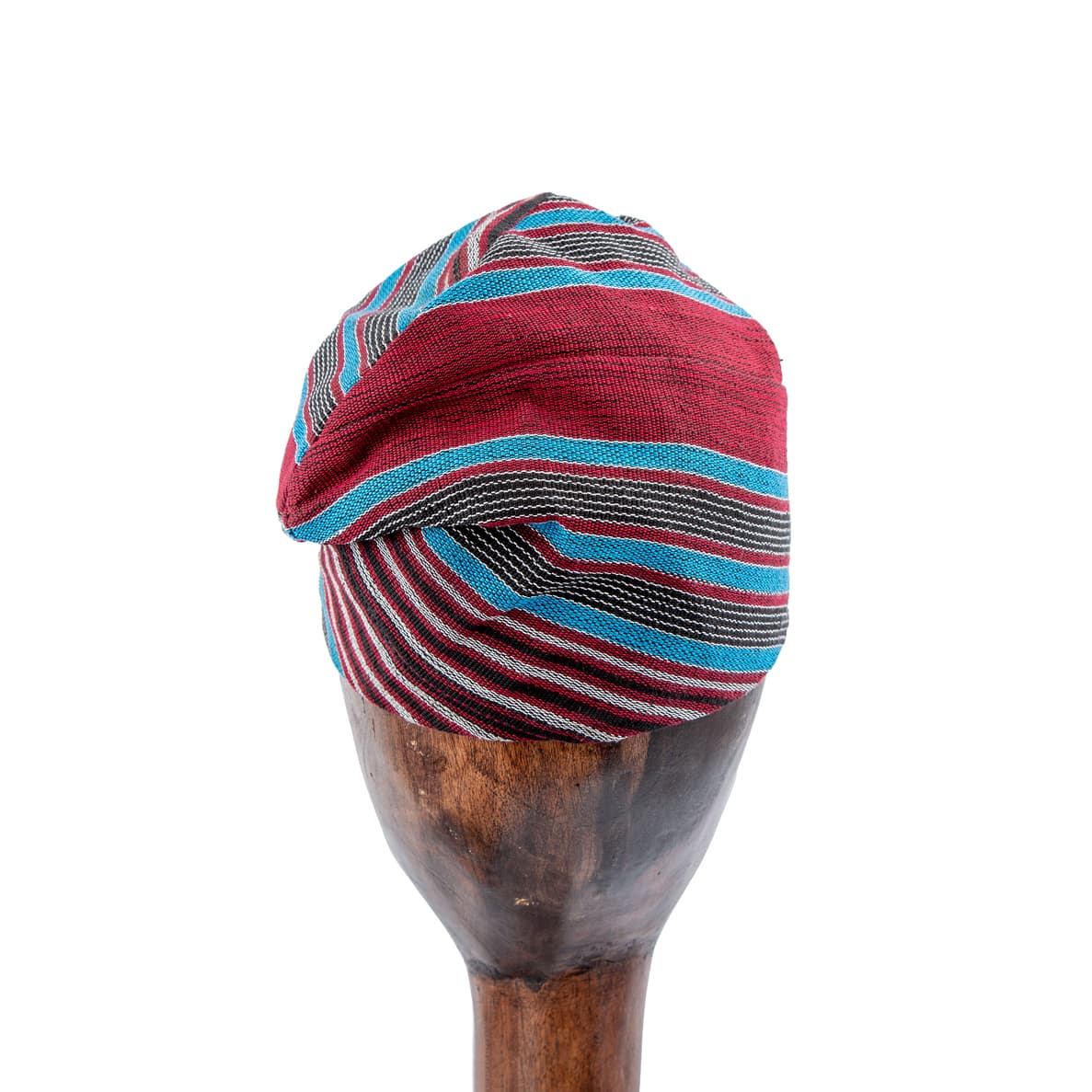 Handwoven Burgundy and Teal Aso-Oke Cap with Black and White Stripes - Unisex Cultural Hat