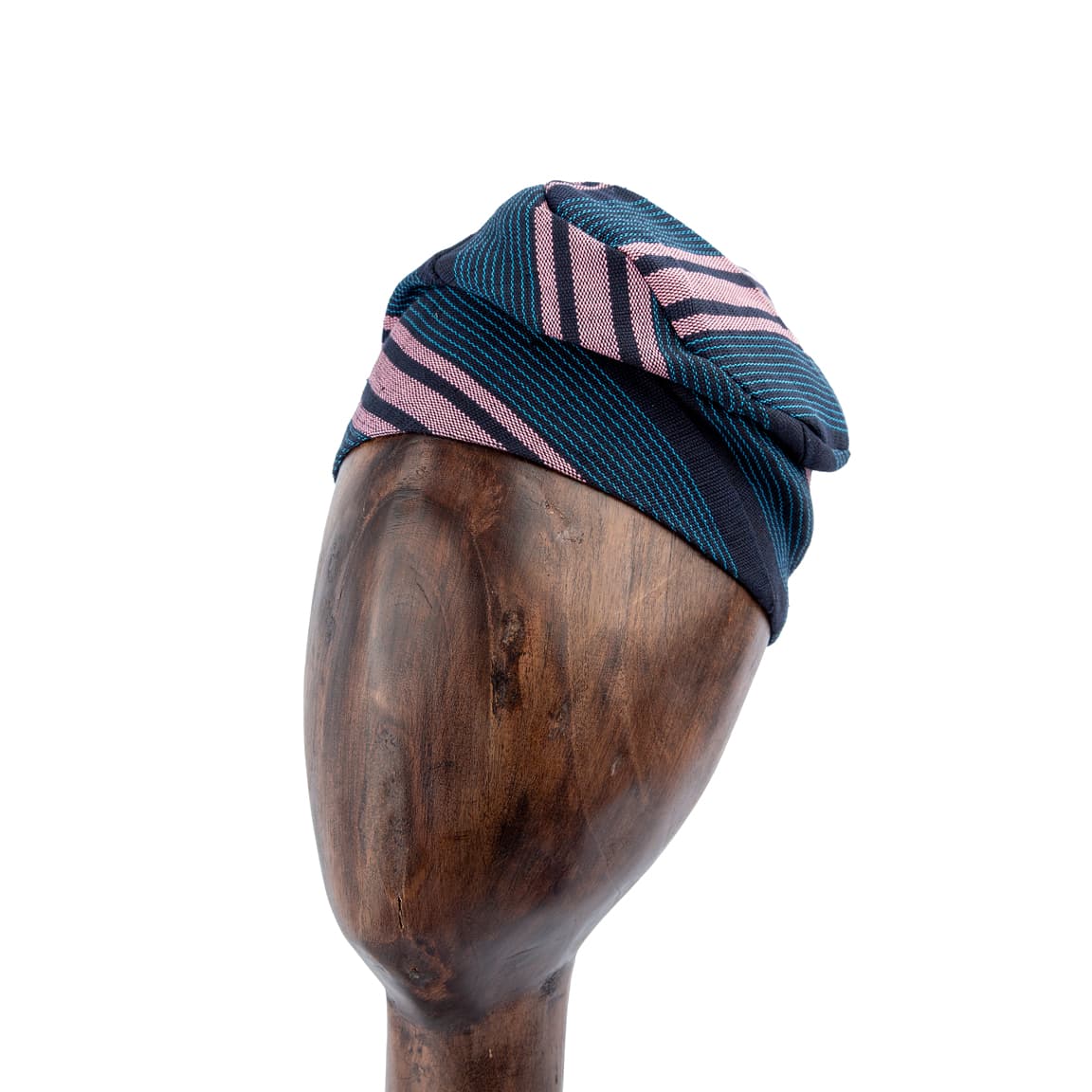 Handwoven navy-blue Aso-Oke cap with pink and teal stripes, unisex traditional headwear for African ceremonies, weddings, and stylish outings.