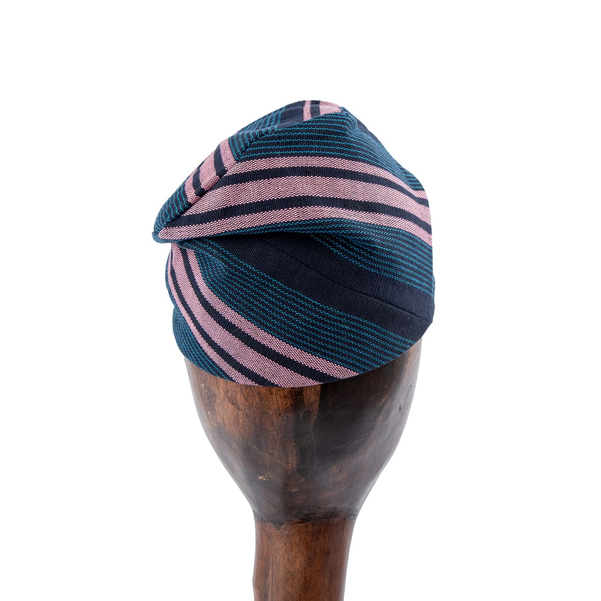 Add a touch of elegance to your style with this handwoven navy-blue Aso-Oke cap featuring pink and teal stripes. Perfect for all occasions, designed for everyone.