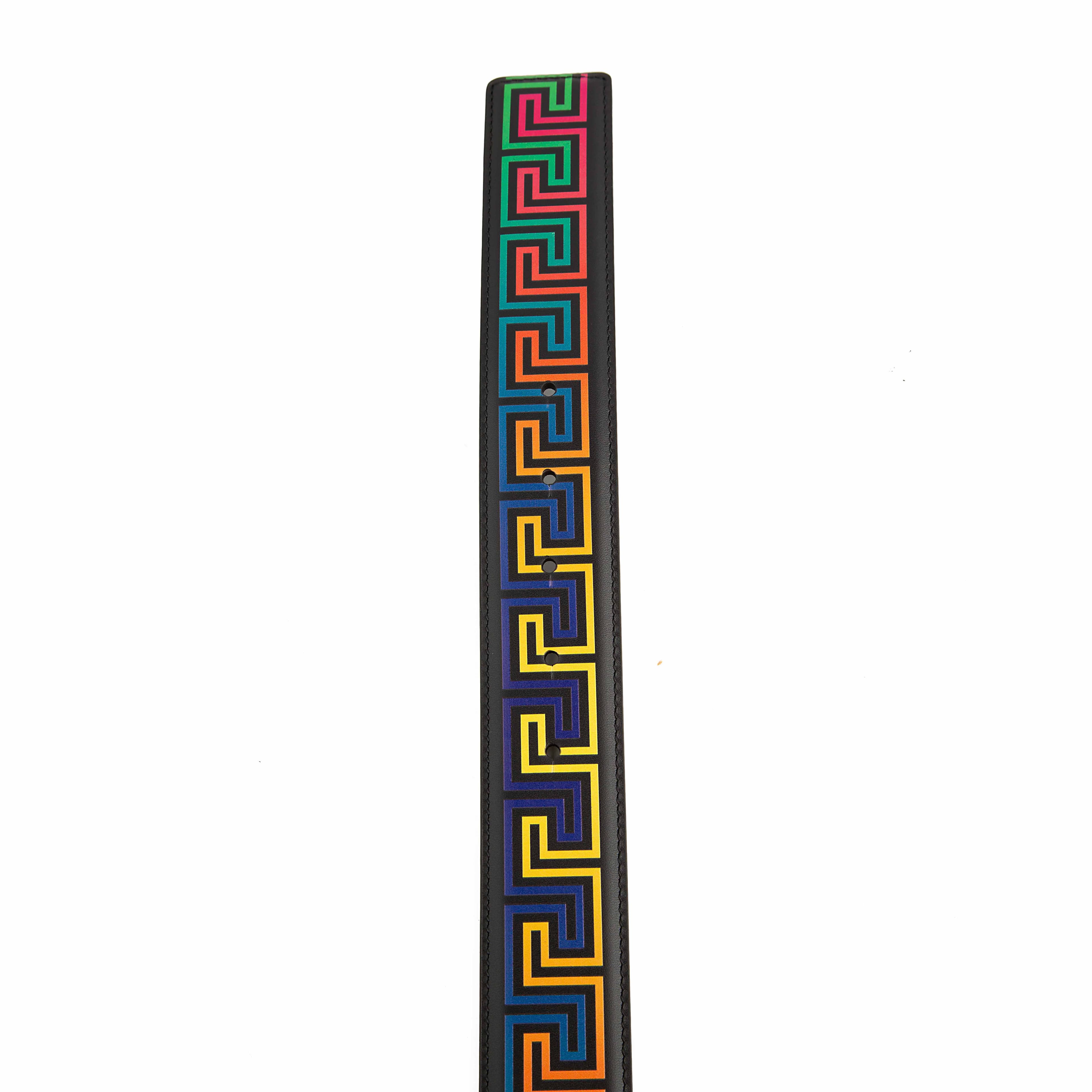 This luxury Black Leather Belt is a bold, high-fashion accessory defined by its vibrant detailing and signature design.