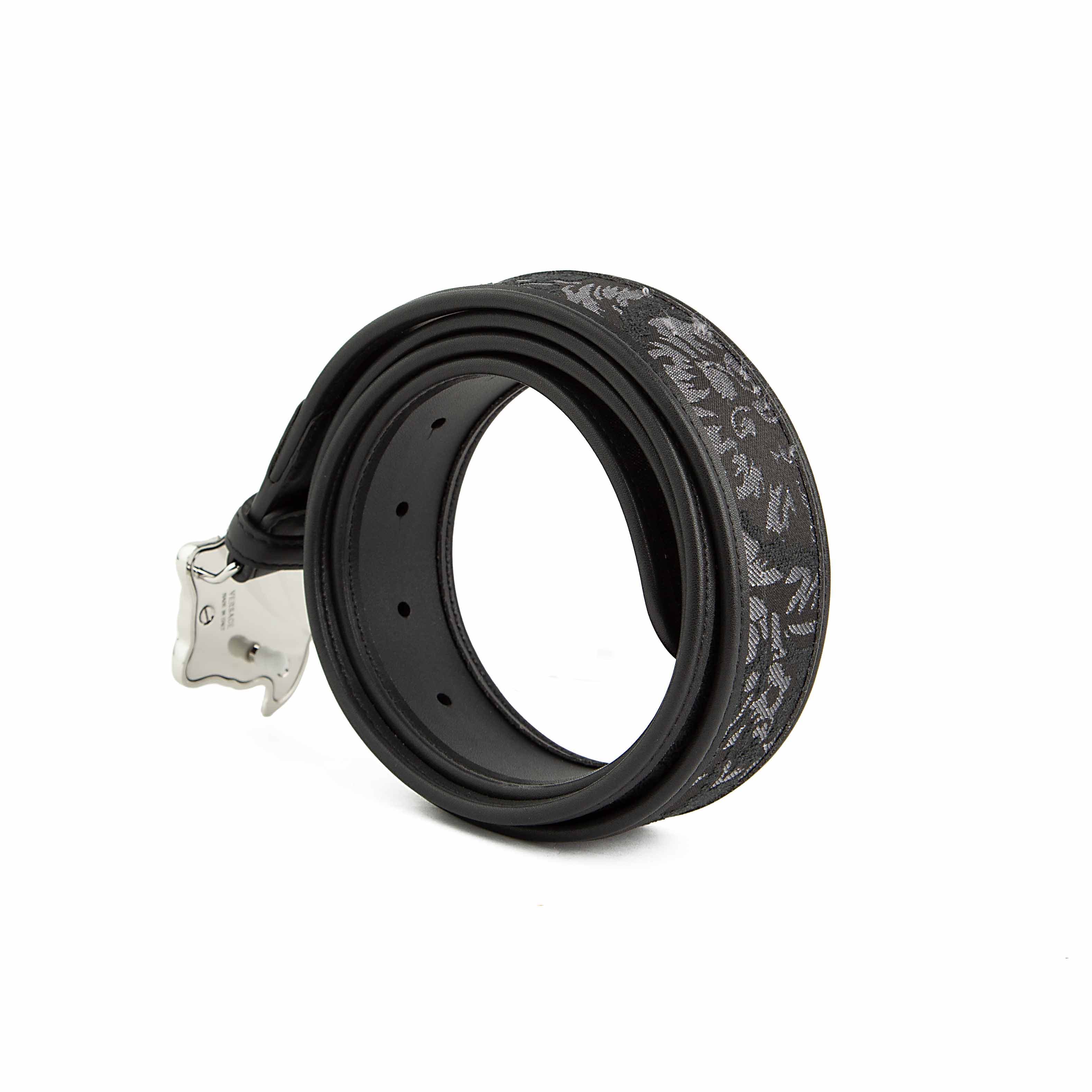This is a bold, high-fashion Black Leather Belt featuring a vibrant, contemporary interpretation of the classical Greca (Greek Key) motif.