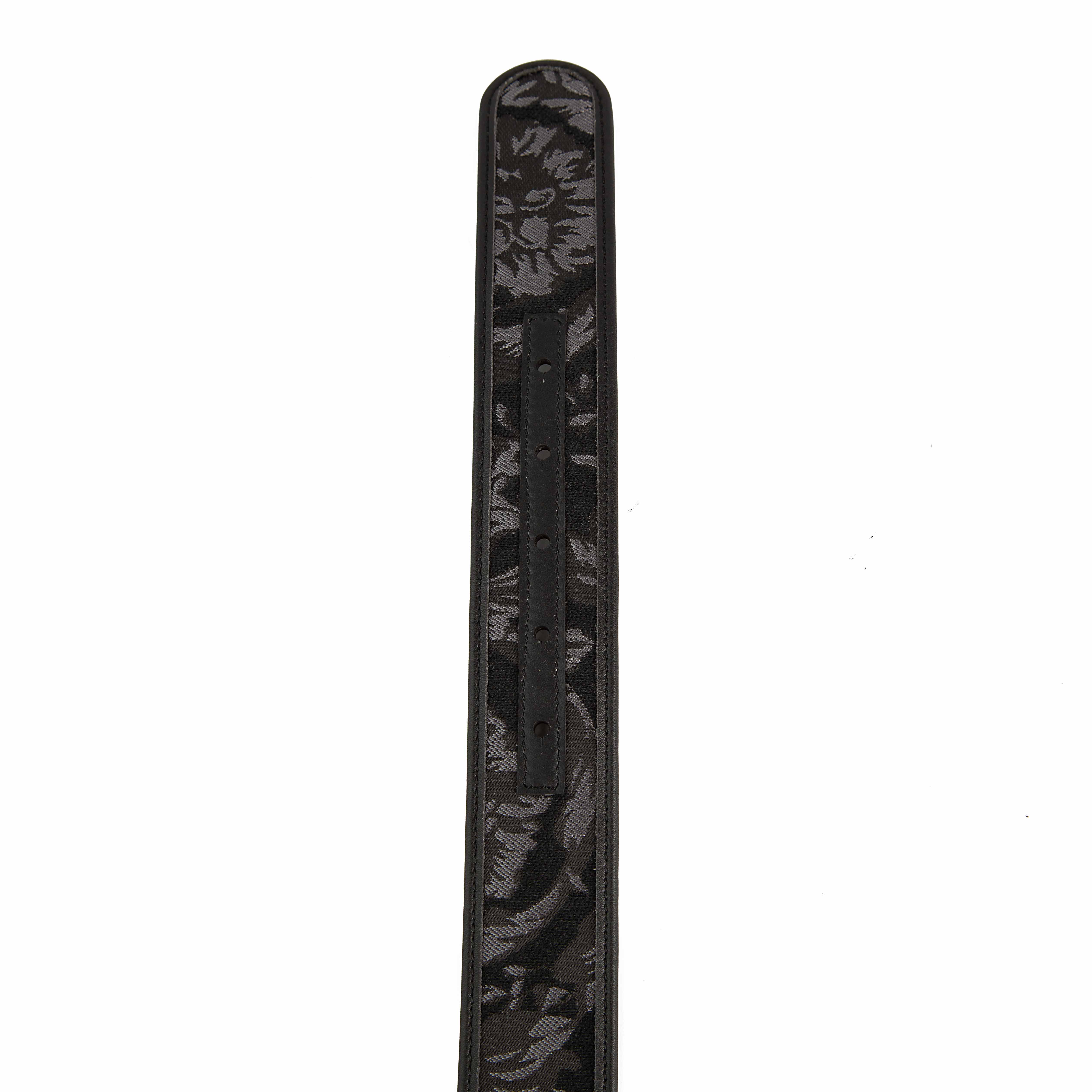 This is a bold, high-fashion Black Leather Belt featuring a vibrant, contemporary interpretation of the classical Greca (Greek Key) motif.