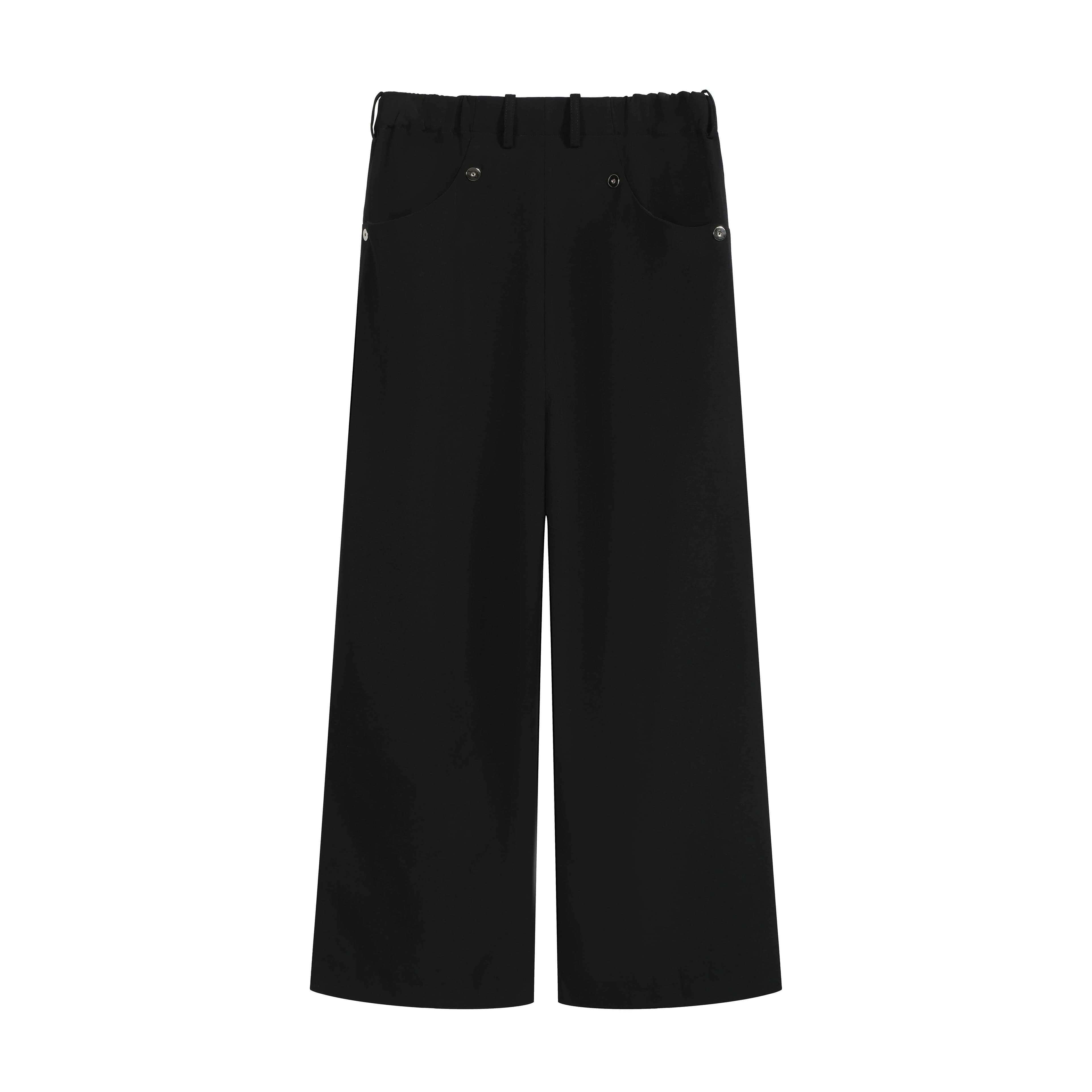 Black Wide-Leg Cropped Trousers - Elastic Waist Snap Detail